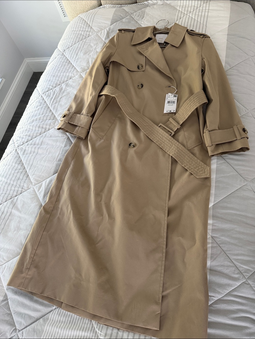 Mango Tan Double-Breasted Trench Coat with Belt